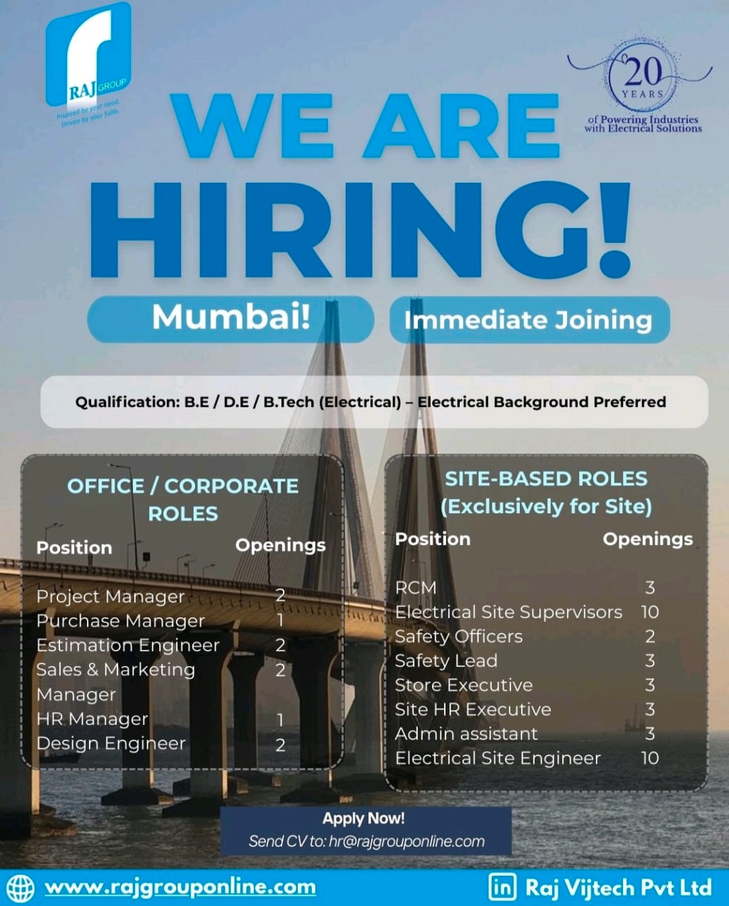 Raj Group (Raj Vijtech Pvt Ltd) Hiring 2026 | Multiple Office & Site Roles in Mumbai | Immediate Joining