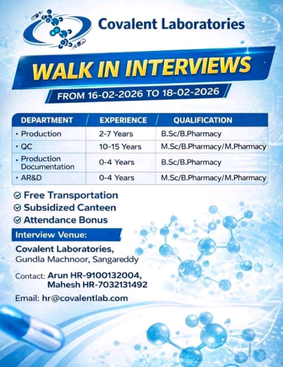 Covalent Laboratories Walk-In Interview 2026 | Production, QC, AR&D & Documentation Jobs | 16th to 18th February 2026
