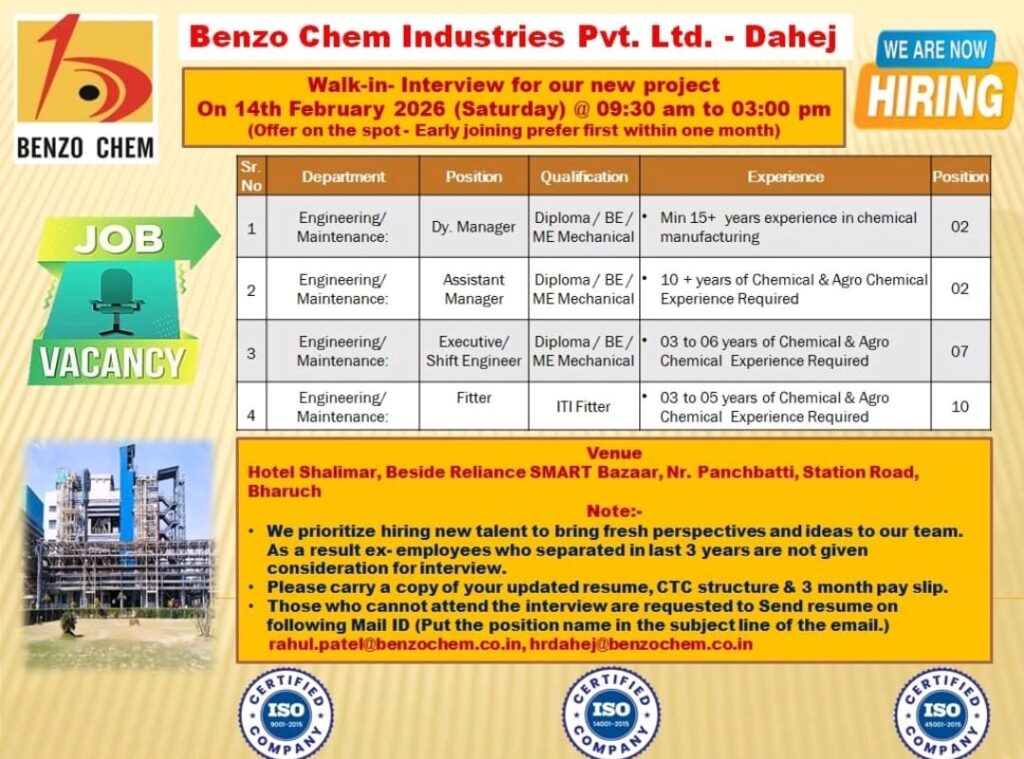Benzo Chem Industries Pvt. Ltd. Hiring 2026 | Walk-in Interview for Engineering & Maintenance Department | Dahej Project