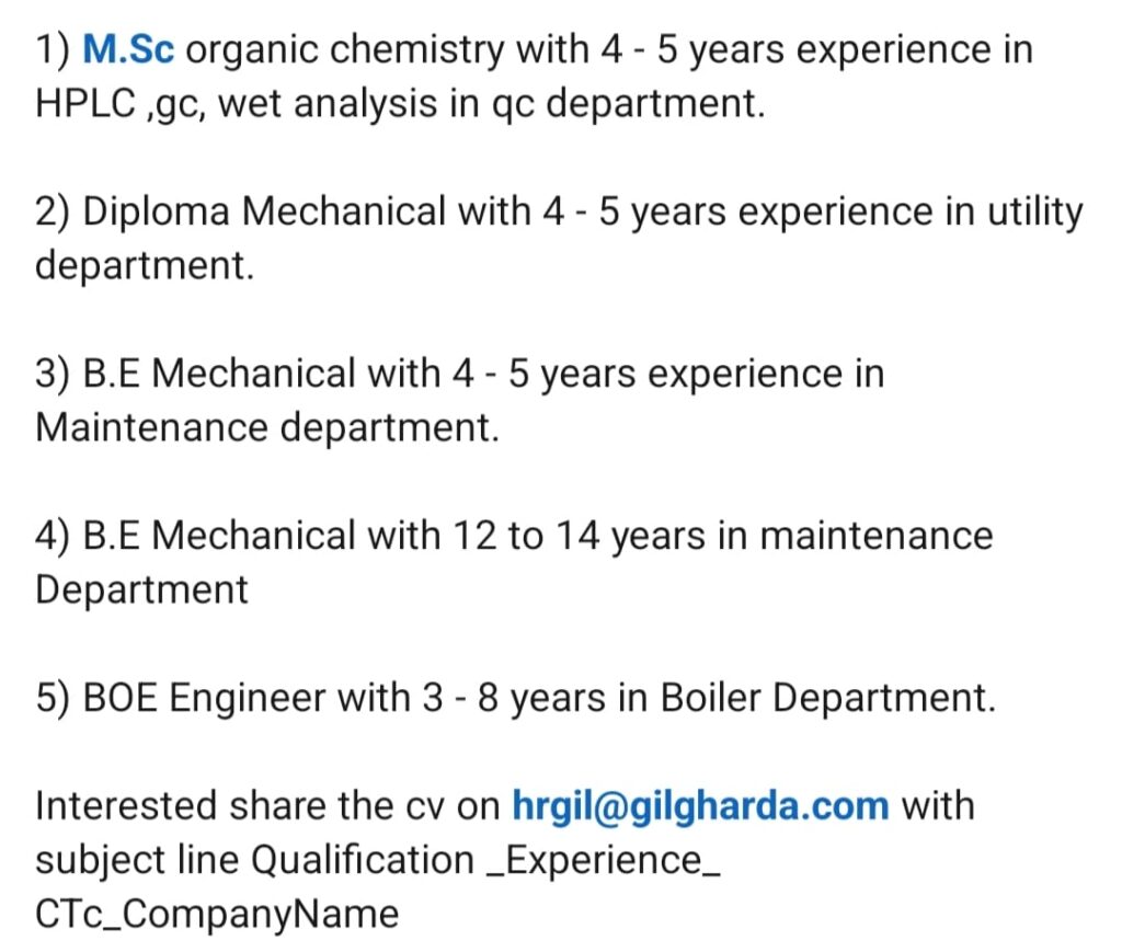 Urgent Hiring for QC, Maintenance, Utility & Boiler Department | Multiple Engineering Openings | Apply via Email