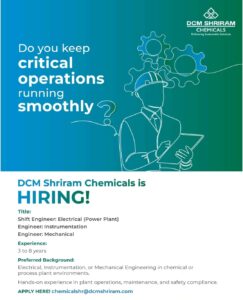 DCM Shriram Chemicals Hiring Shift Engineers & Engineers – Electrical, Instrumentation, Mechanical | 3–8 Years Experience