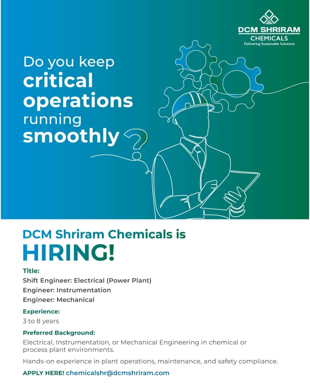 DCM Shriram Chemicals Hiring Shift Engineers & Engineers – Electrical, Instrumentation, Mechanical | 3–8 Years Experience