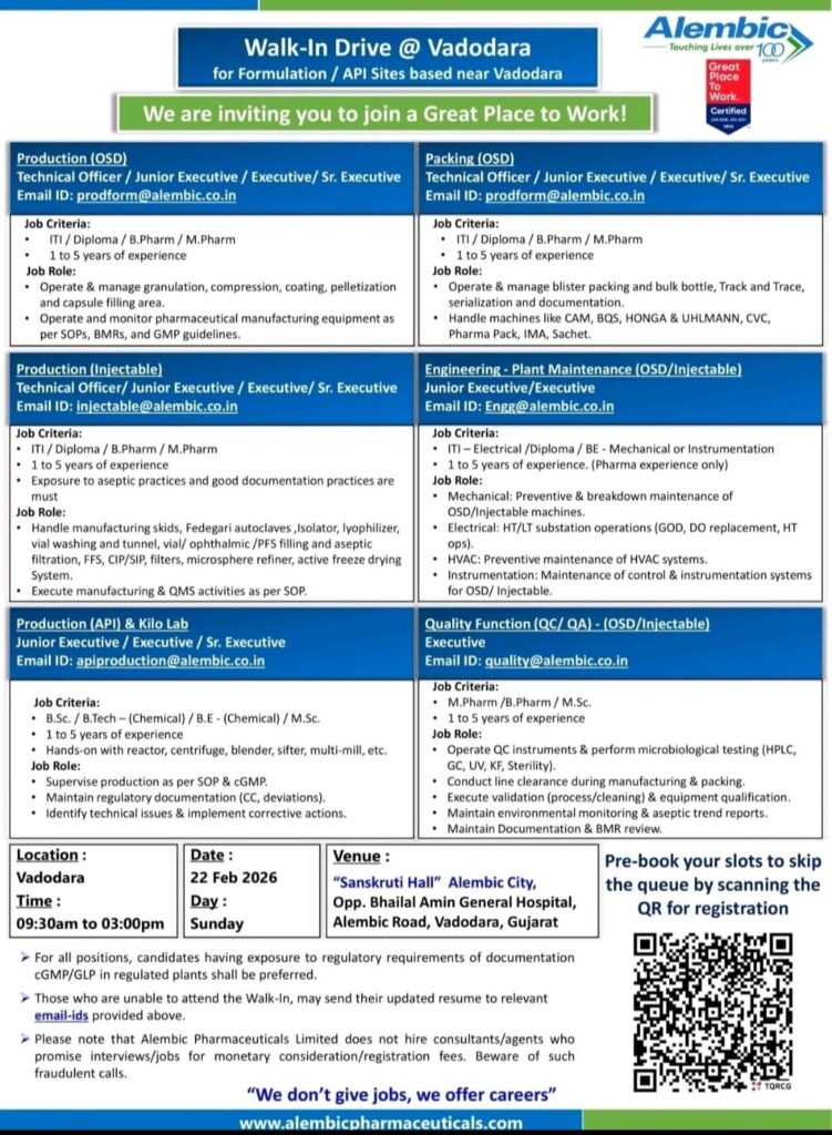Walk-in Drive at Alembic Pharmaceuticals Limited – Production, Packing, QC, Engineering & API | Vadodara | 22 Feb 2026