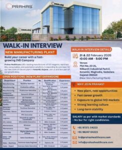 Walk-In Interview 2026 – Multiple Openings at Prahas Healthcare LLP | New Manufacturing Plant | Kotambi, Vadodara