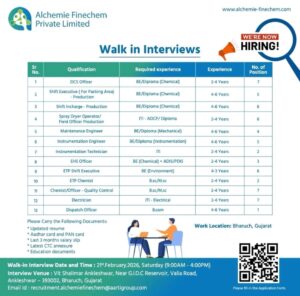 Walk-in Interview 2026 | Alchemie Finechem Private Limited | Multiple Vacancies | Bharuch, Gujarat