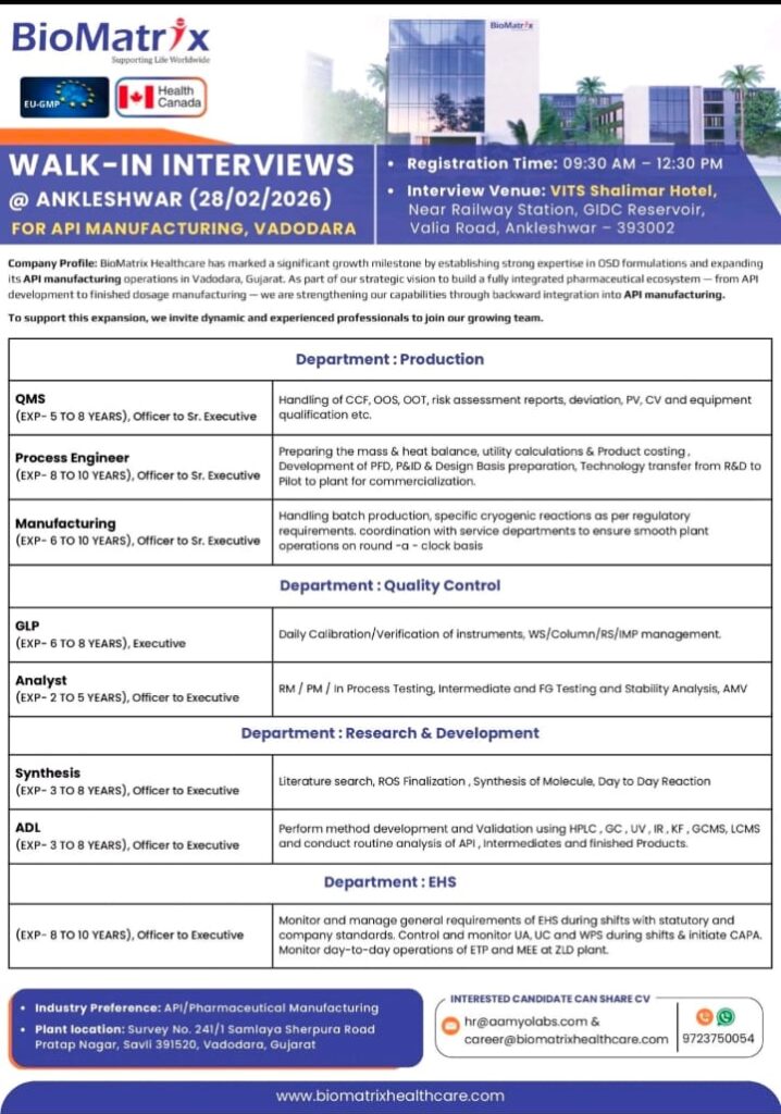 BioMatrix Healthcare Walk-In Interview 2026 | Production, QC, R&D & EHS | Ankleshwar / Vadodara