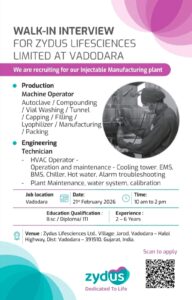 Walk-In Interview at Zydus Lifesciences Limited – Vadodara | February 2026