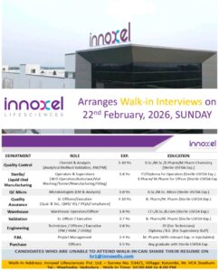 Walk-In Interview at Innoxel Lifesciences – Multiple Departments | 22nd February 2026