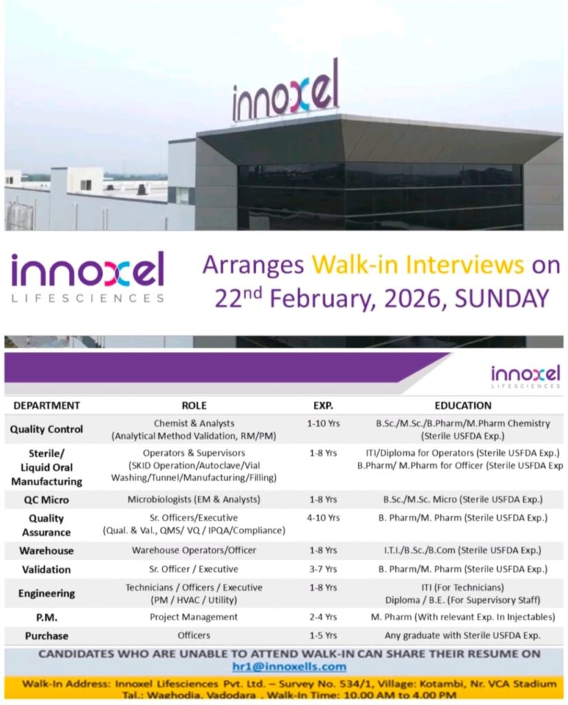 Walk-In Interview at Innoxel Lifesciences – Multiple Departments | 22nd February 2026