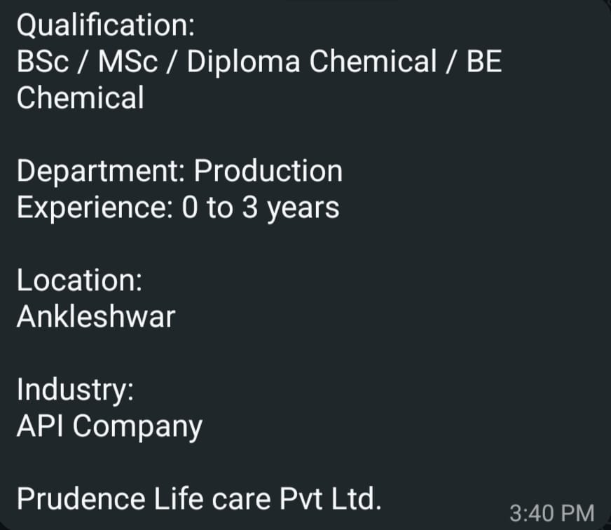Multiple Job Openings at Prudence Life Care Pvt. Ltd. – Ankleshwar