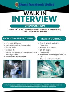 Walk-In Interview at Bharat Parenterals Limited – Production & Quality Control | 24th & 25th February 2026