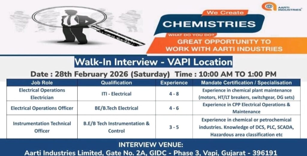 Walk-In Interview at Vapi – Electrical & Instrumentation Roles | Aarti Industries Limited | 28 Feb 2026
