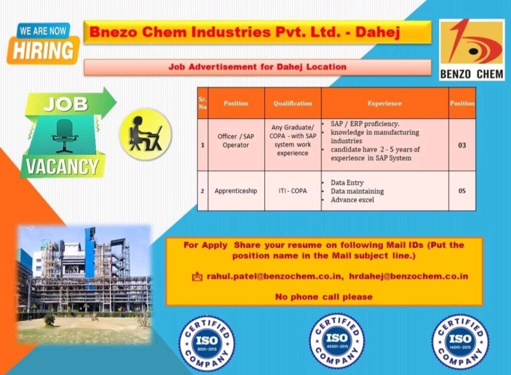 Job Opening at Benzo Chem Industries Pvt. Ltd. – Dahej Location
