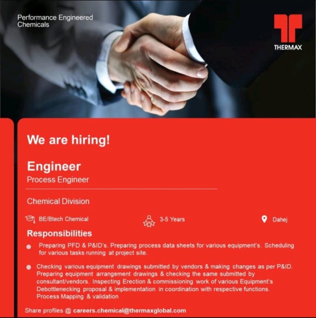 Hiring Alert – Process Engineer (Chemical Division) at Thermax Limited – Dahej