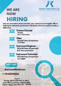 Hiring Now – Trainee Chemist, Fitter & Instrumentation Roles | Bodal Chemicals Ltd | Bharuch, Gujarat