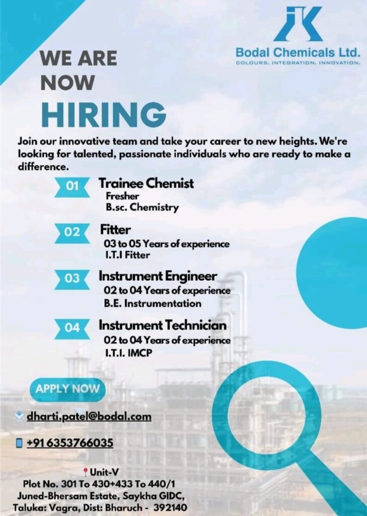 Hiring Now – Trainee Chemist, Fitter & Instrumentation Roles | Bodal Chemicals Ltd | Bharuch, Gujarat