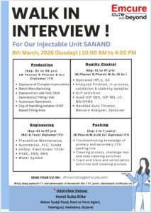 Walk-In Interview at Emcure Pharmaceuticals – Injectable Unit, Sanand | Production, QC, Engineering & Packing | 8th March 2026