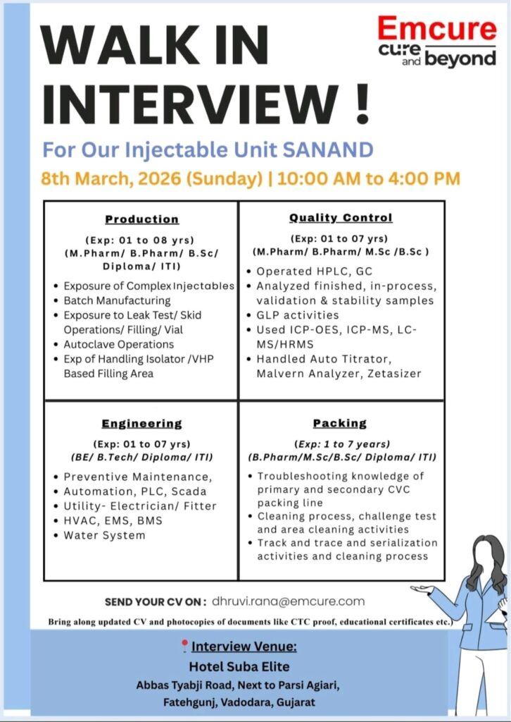 Walk-In Interview at Emcure Pharmaceuticals – Injectable Unit, Sanand | Production, QC, Engineering & Packing | 8th March 2026