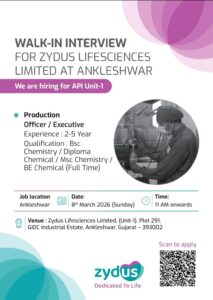 Walk-In Interview at Zydus Lifesciences Limited – API Unit-1, Ankleshwar | Production Officer/Executive | 8th March 2026