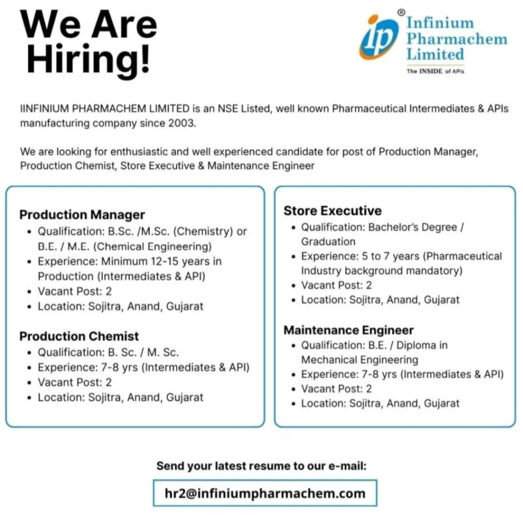 Multiple Job Openings at Infinium Pharmachem Limited – Production Manager, Production Chemist, Store Executive & Maintenance Engineer | Sojitra, Anand