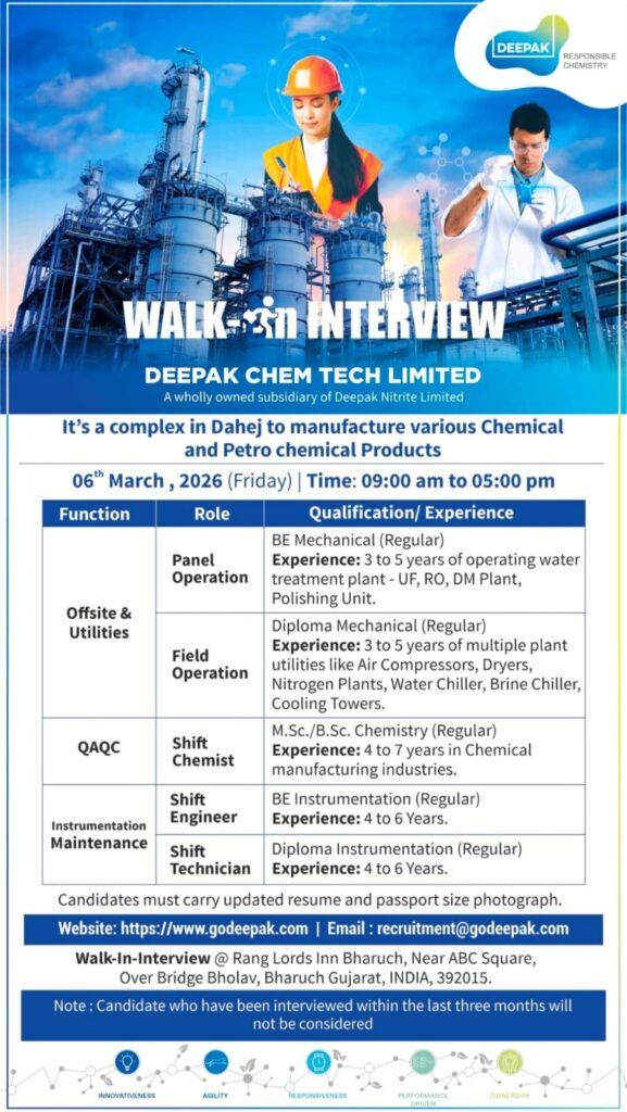 Walk-In Interview at Deepak Chem Tech Limited – Multiple Technical Positions | 6th March 2026 | Bharuch