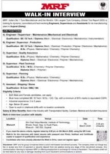 Walk-In Interview at MRF Limited – Engineers, Supervisors & Assistants | 7th March 2026 | Bharuch (Dahej Plant)