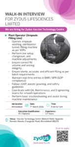 Walk-In Interview at Zydus Lifesciences Limited – Plant Operator (Ampoule Filling Line) | 7th March 2026 | Ahmedabad