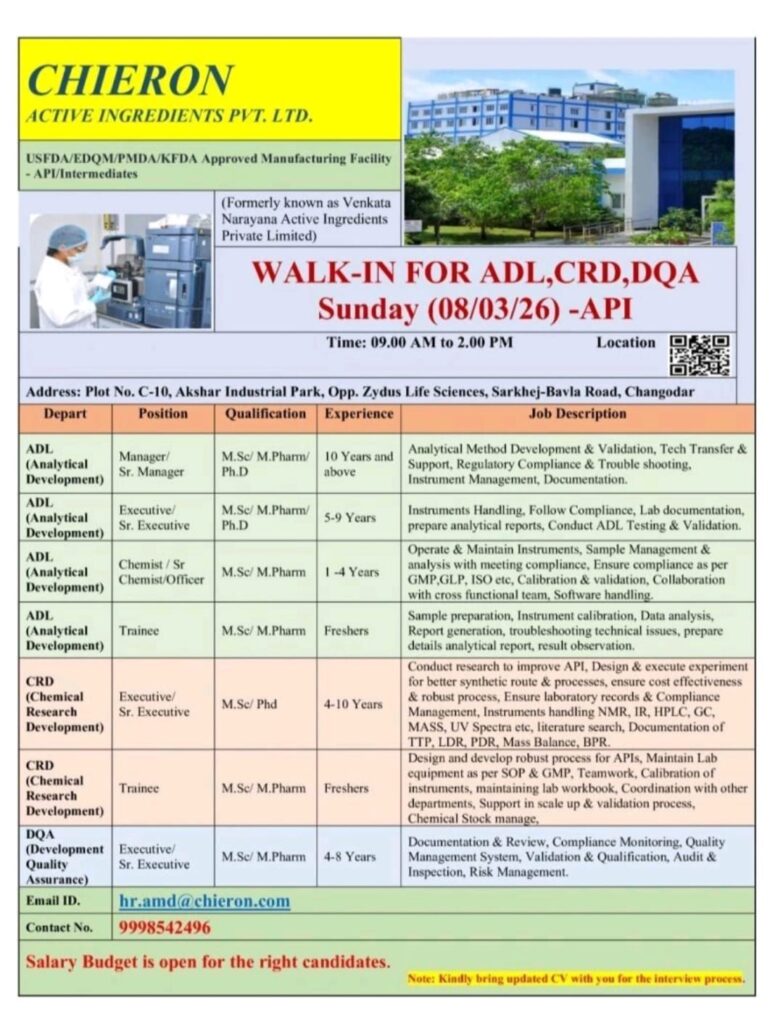Walk-In Interview for ADL, CRD & DQA Roles at Chieron Active Ingredients Pvt. Ltd. | 8th March 2026 | Changodar, Ahmedabad