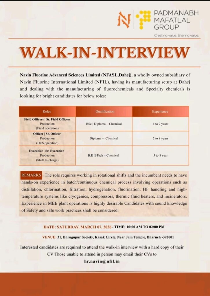 Walk-In Interview for Production Roles at Navin Fluorine Advanced Sciences Limited (NFASL), Dahej