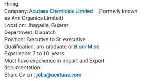 Executive / Senior Executive – Dispatch Job Opening at Acutaas Chemicals Limited